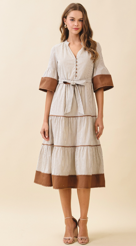 Luella Striped Contrast Trim Detail Midi Dress