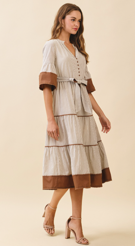 Luella Striped Contrast Trim Detail Midi Dress