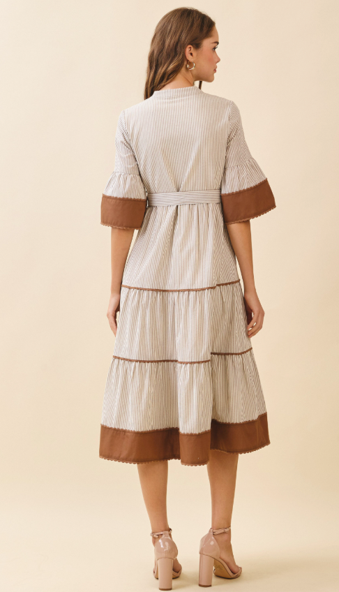 Luella Striped Contrast Trim Detail Midi Dress
