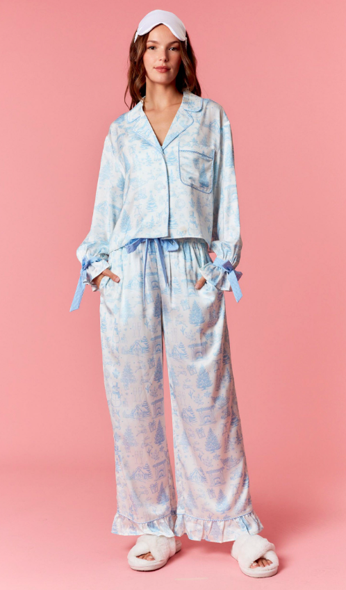 Christmas Toile Satin Pajama Set w/ Ribbon Detail