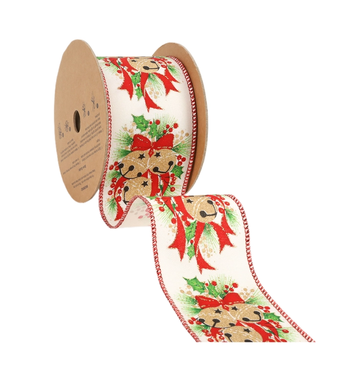 10yds White Bells & Holly Wired Ribbon