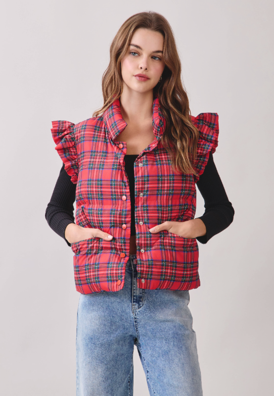 Elisabeth Plaid Ruffle Shoulder Puffer Vest