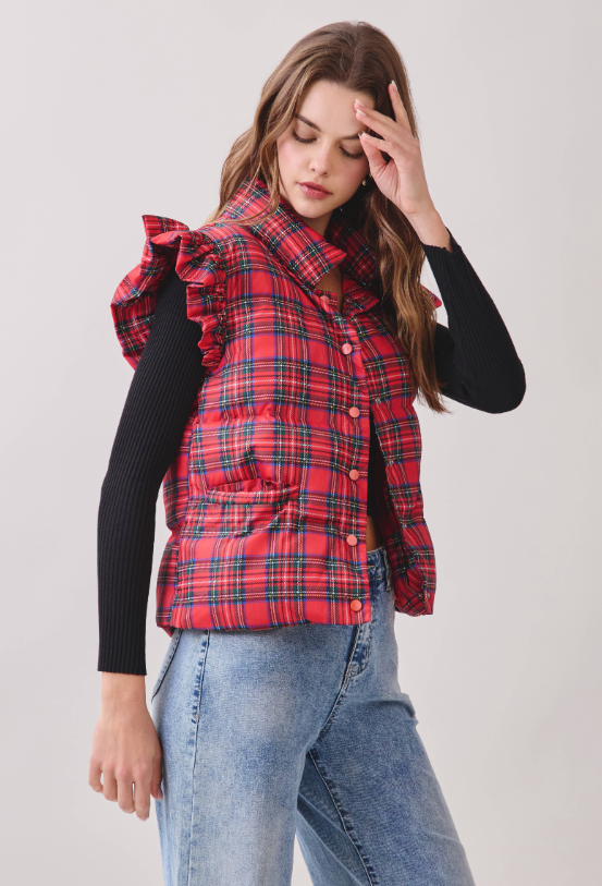 Elisabeth Plaid Ruffle Shoulder Puffer Vest