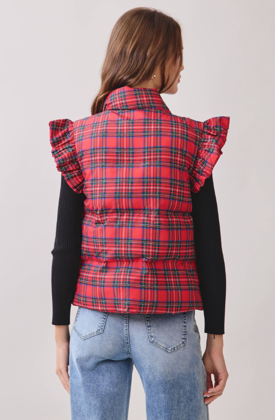 Elisabeth Plaid Ruffle Shoulder Puffer Vest