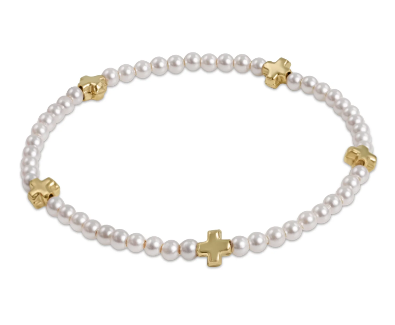 E Newton Pearl Signature Cross Pattern Bead Bracelet - Small Cross Gold