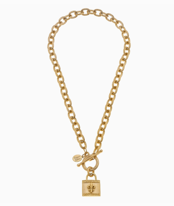 Susan Shaw Gold Fleur De Lis Lock Chain Toggle Necklace