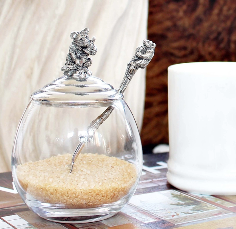 Pewter and Glass Little Bear Honey Pot & Spoon Set