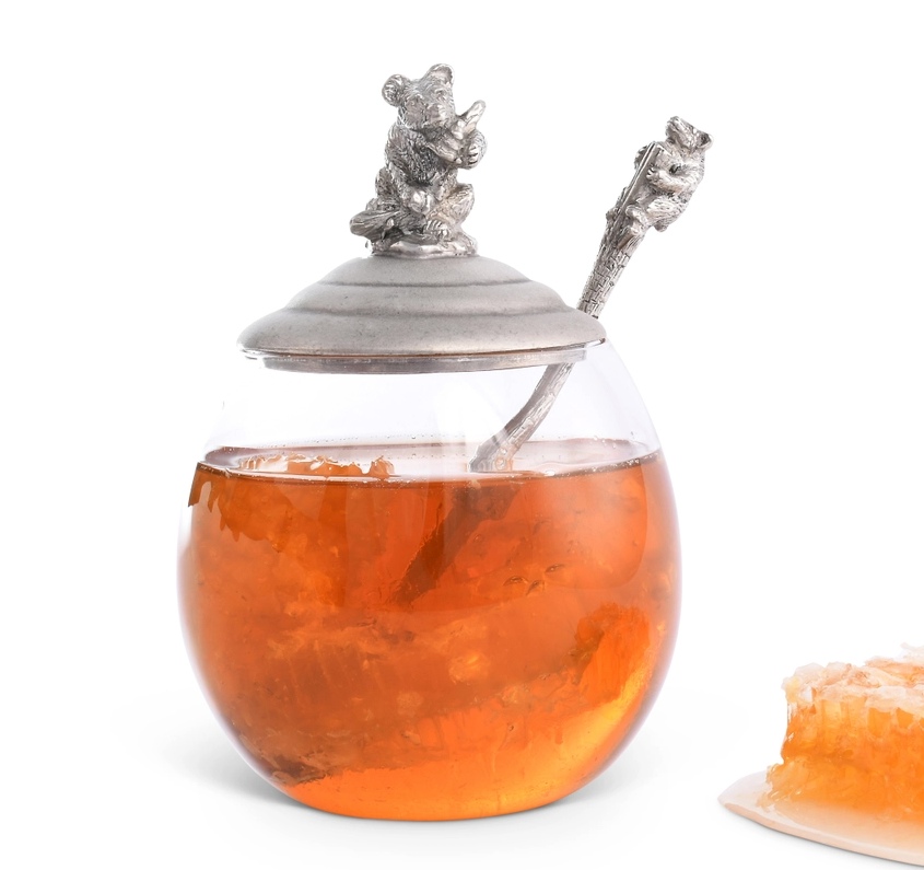 Pewter and Glass Little Bear Honey Pot & Spoon Set