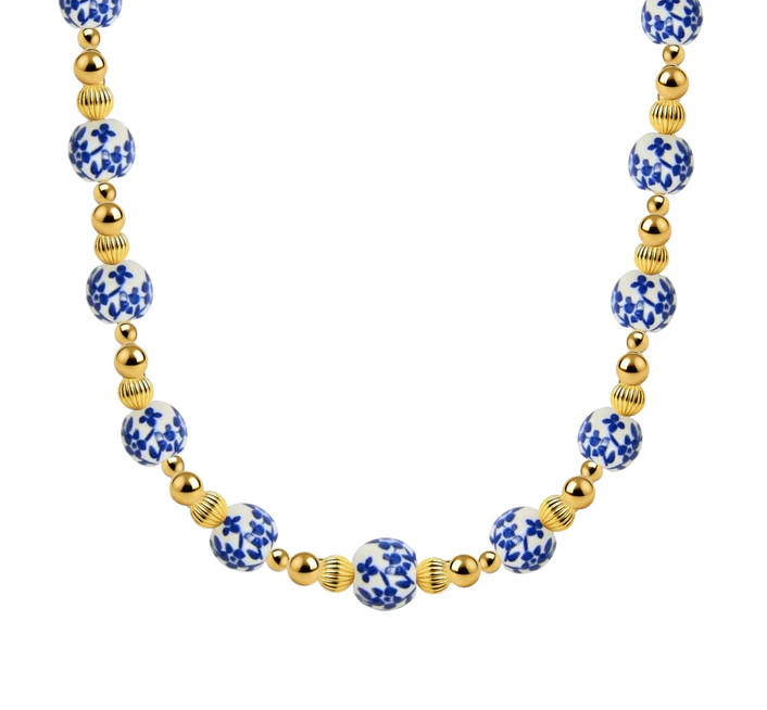 Peach Blossom Porcelain Beaded Textured Gold Necklace