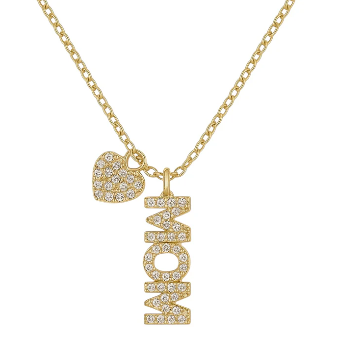 Mom + Vertical Heart Pave Necklace