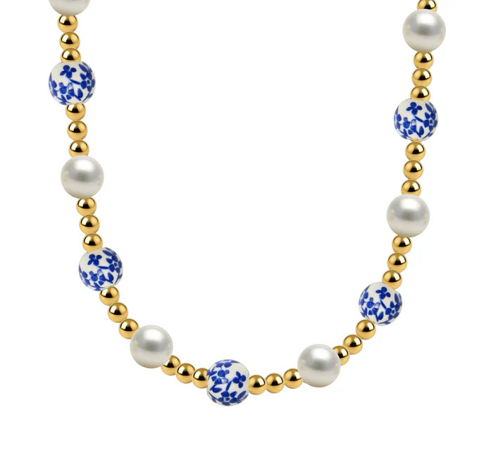Cherry Blossom Porcelain & Pearl Beaded Gold Necklace