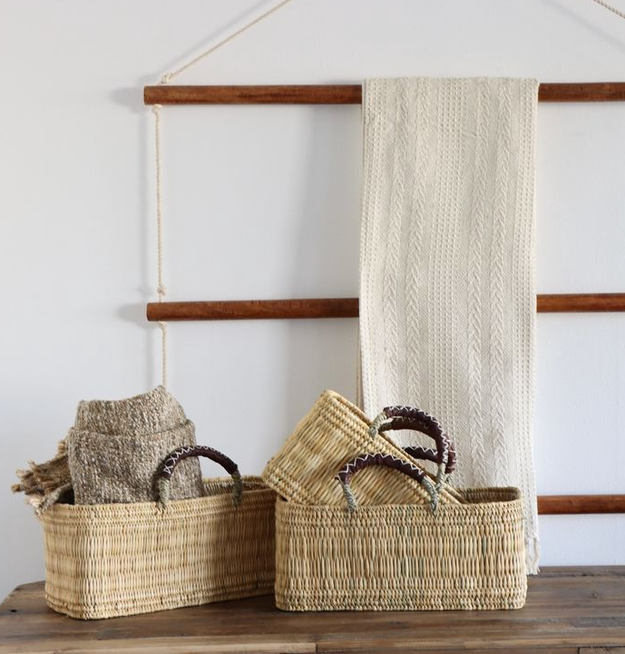 Reed Basket with Leather Handles