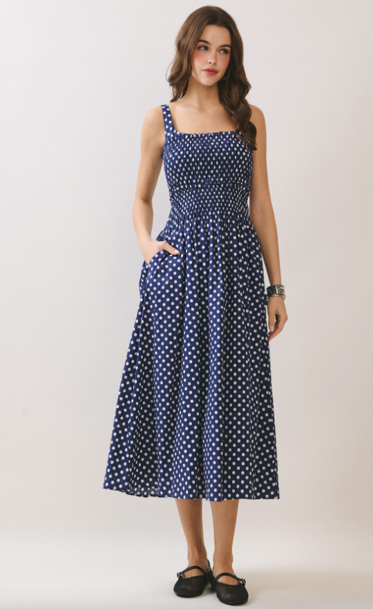 Estella Polka Dot Smocked Midi Dress