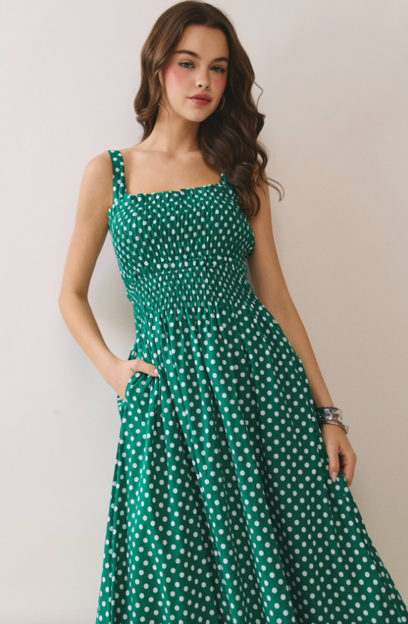 Estella Polka Dot Smocked Midi Dress