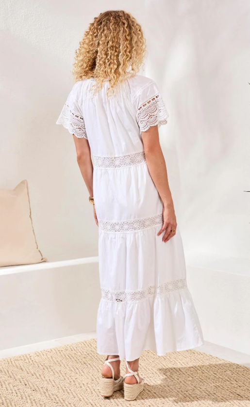 Tribal Poplin Lace-Trim Tiered Maxi Dress