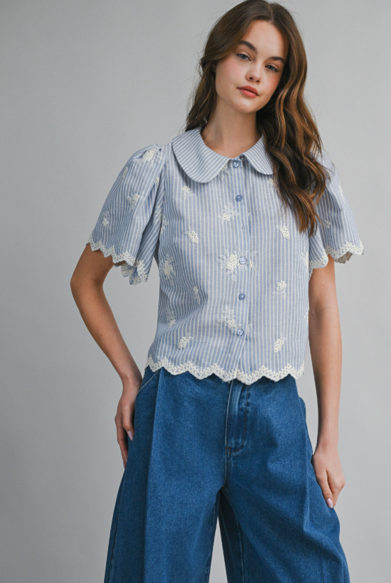 Hunter Embroidered Peter Pan Collar Top