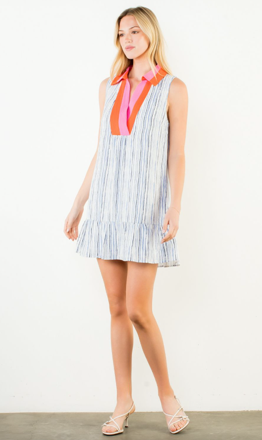 Ashland Sleeveless Patterned Dress - Blue Stripe