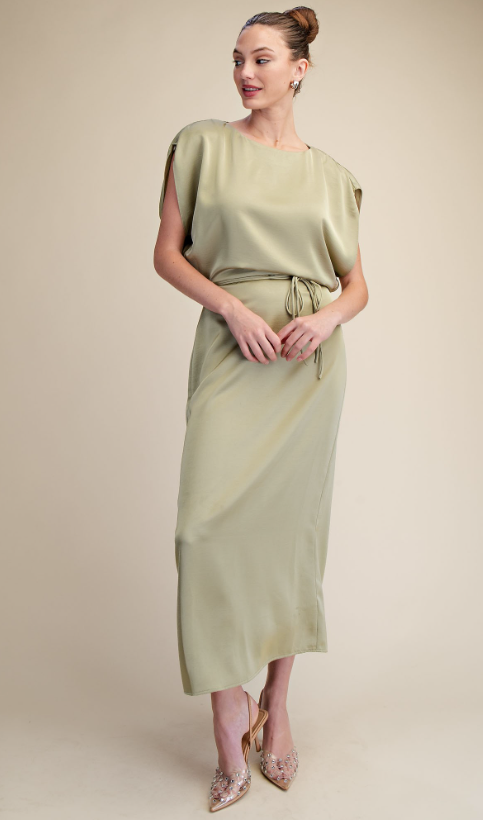 Carson Satin Slit Skirt Midi Dress