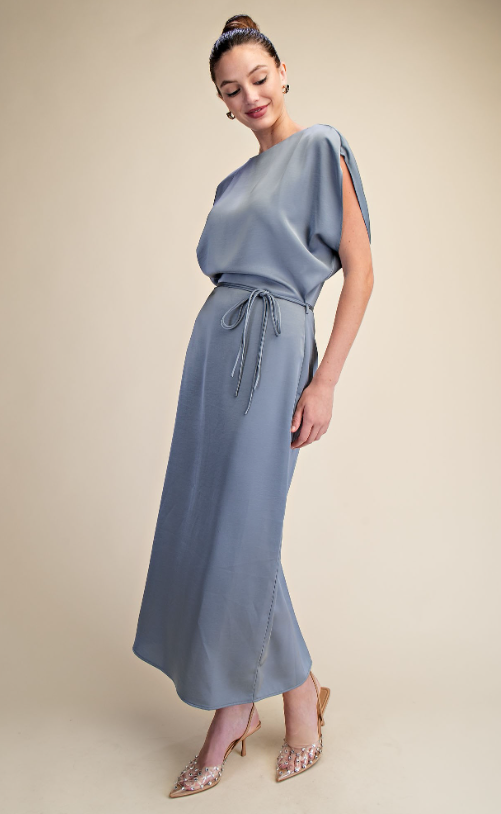 Carson Satin Slit Skirt Midi Dress