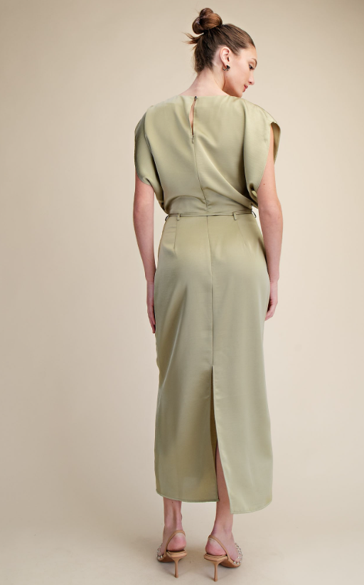 Carson Satin Slit Skirt Midi Dress