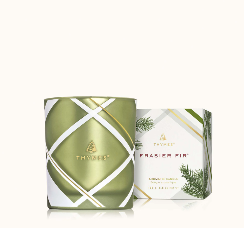 Thymes Frasier Fir Frosted Plaid Candle with Box