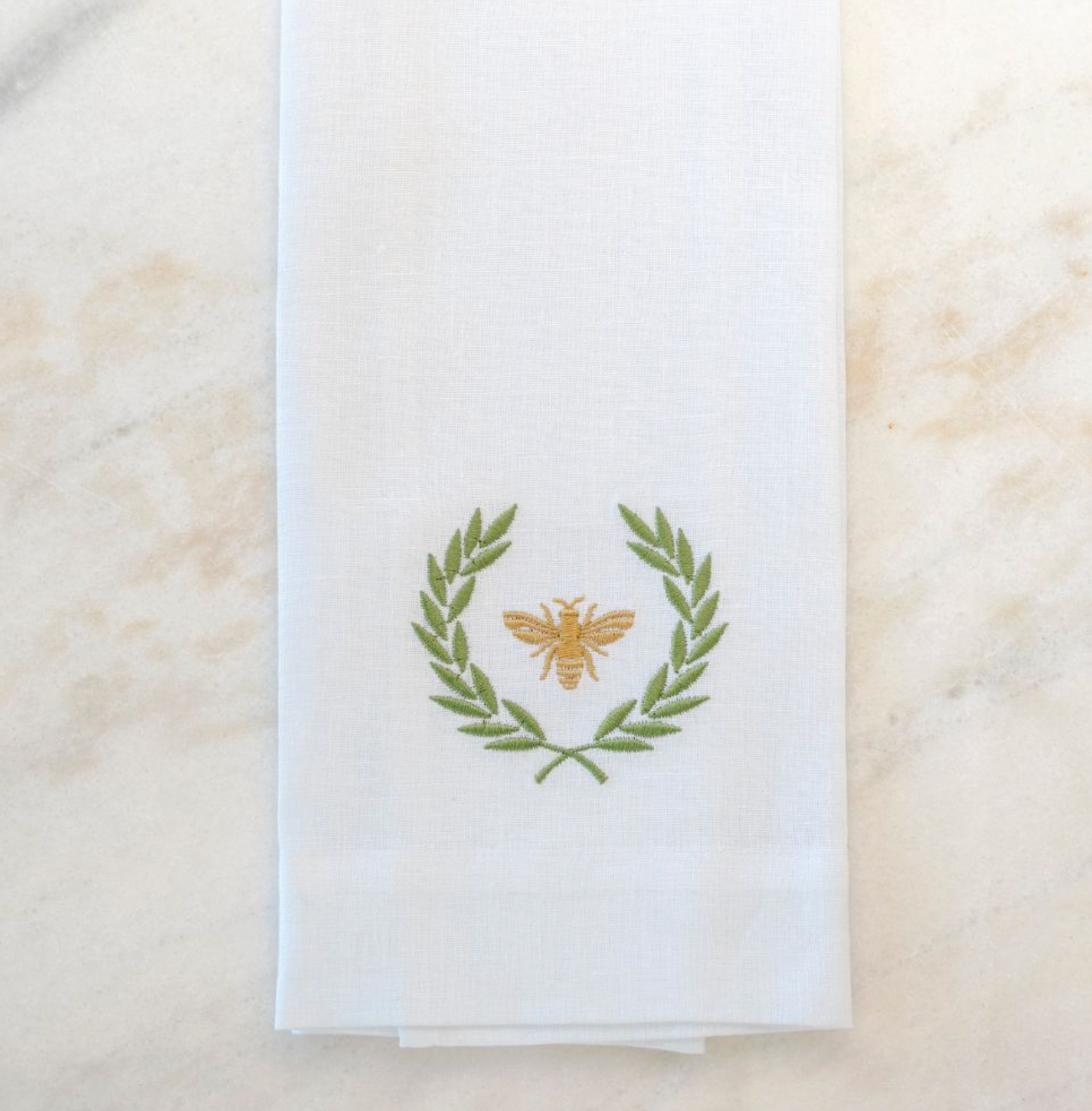 Italian Bee Green Laurel Embroidered Linen Towel