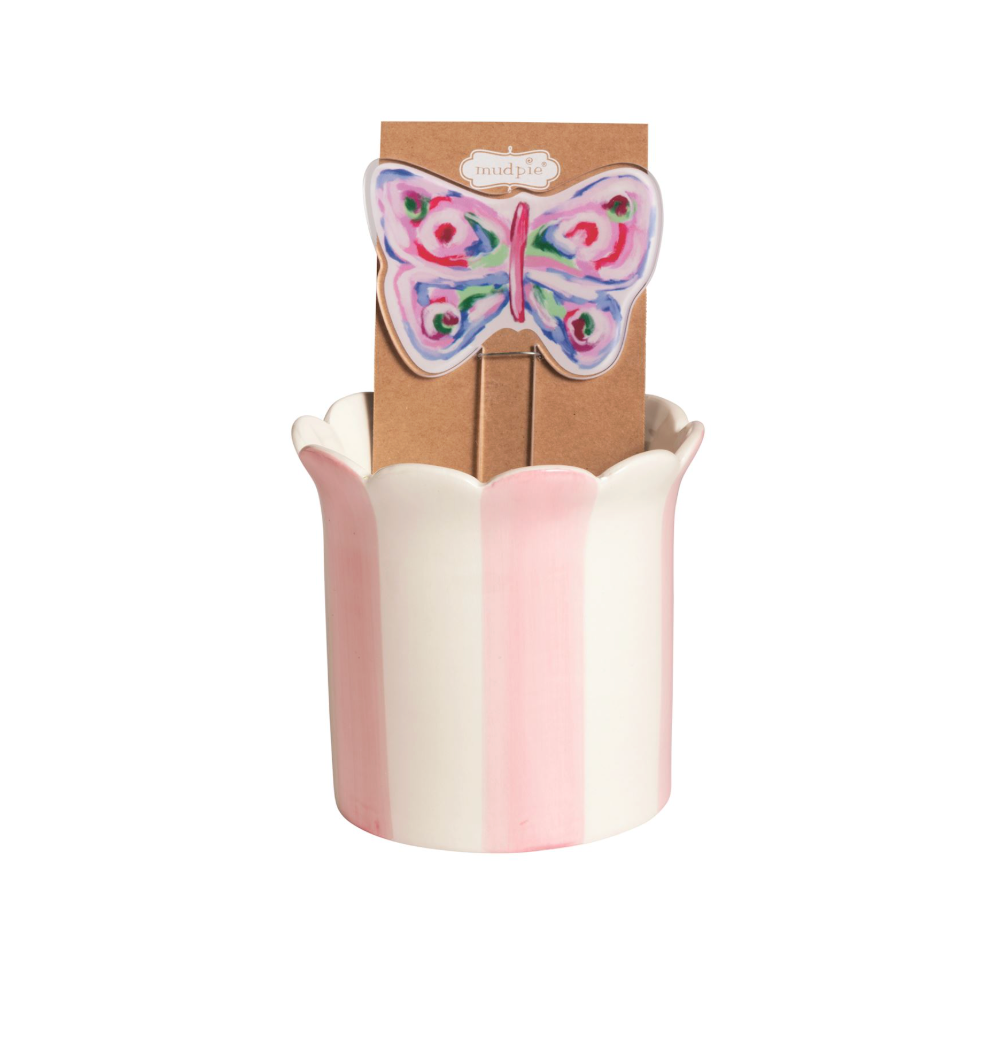 Butterfly Striped Pot & Plant Stake Set