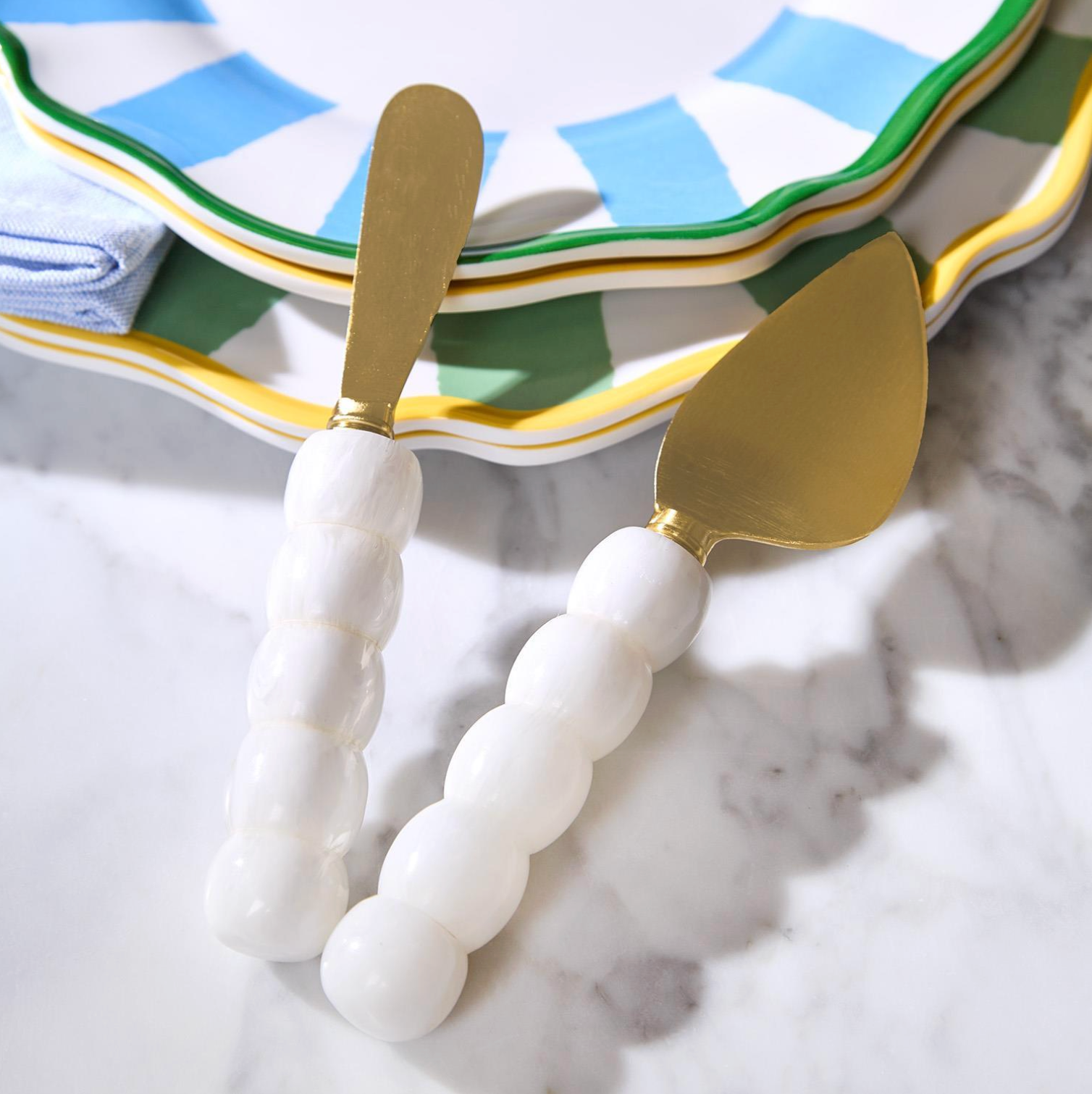 Modern Pop White Beaded Cheese Knives Set of 3