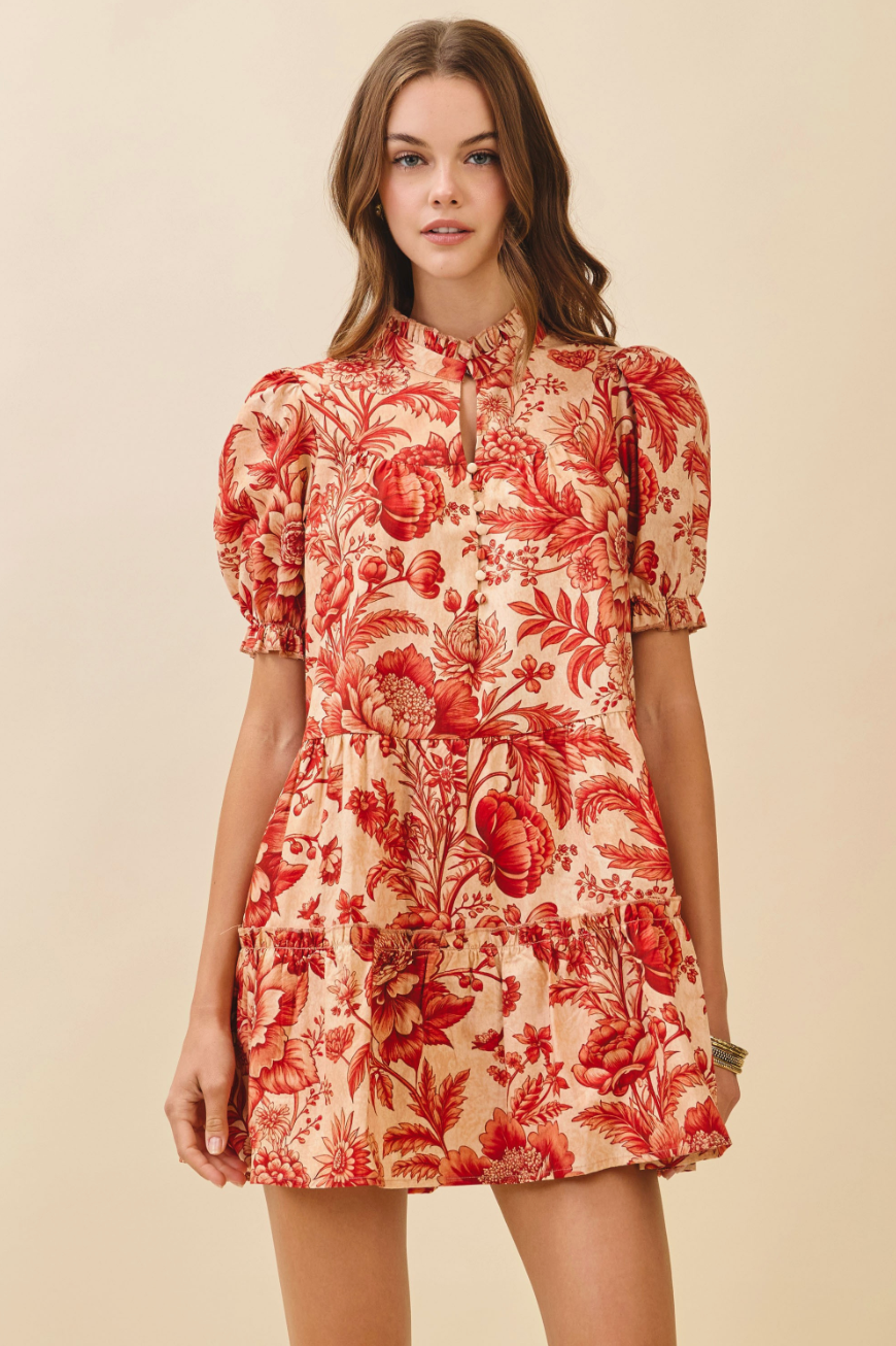 Crimson Bloom Mock Neck Mini Dress