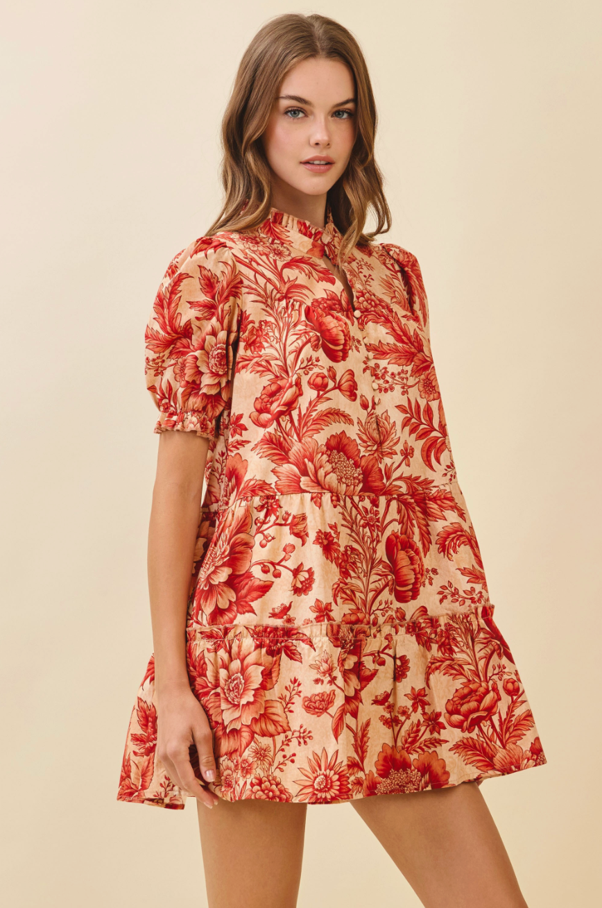 Crimson Bloom Mock Neck Mini Dress