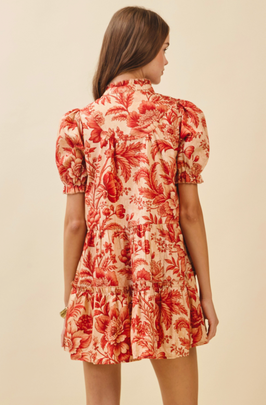 Crimson Bloom Mock Neck Mini Dress