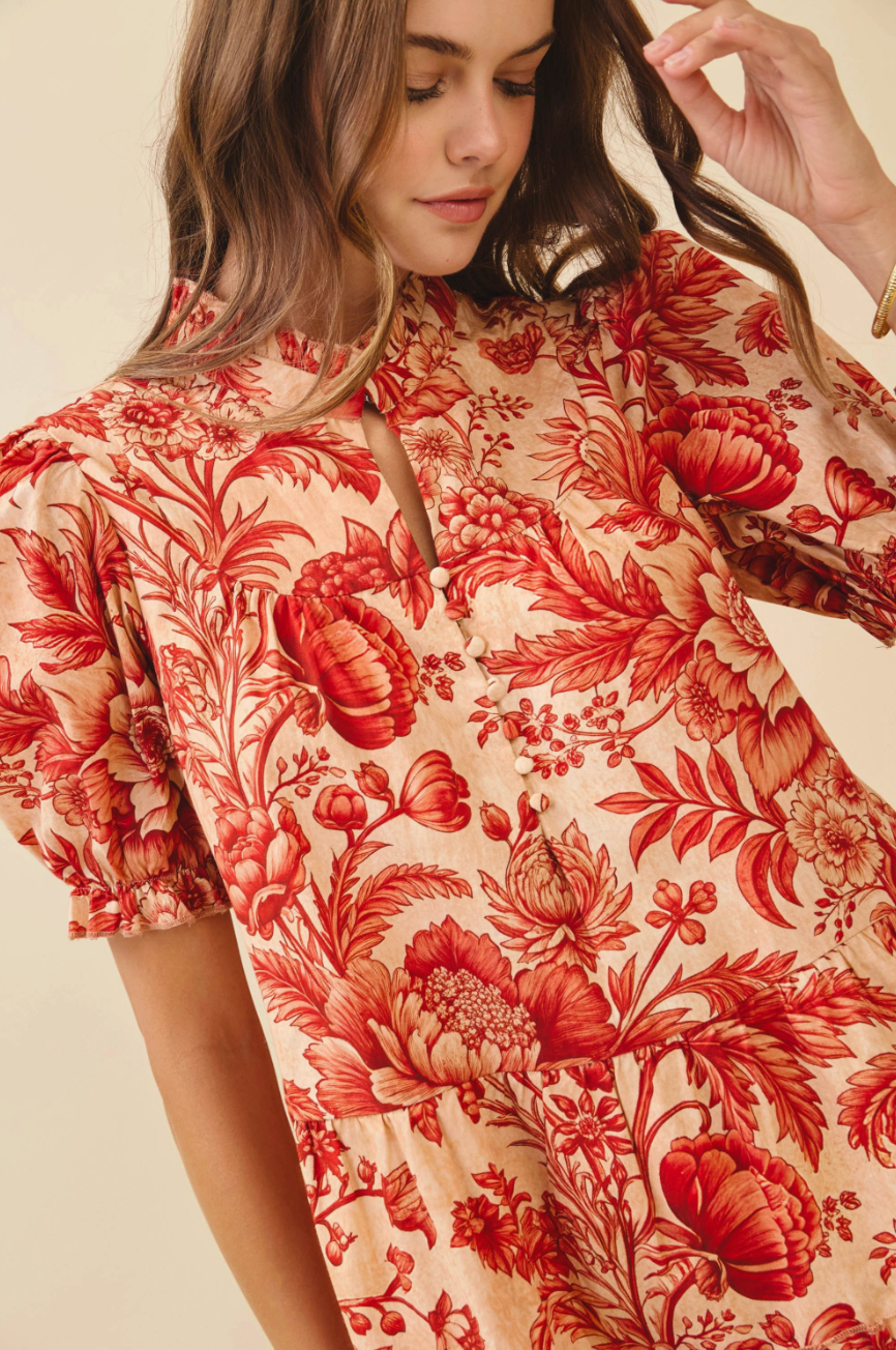 Crimson Bloom Mock Neck Mini Dress