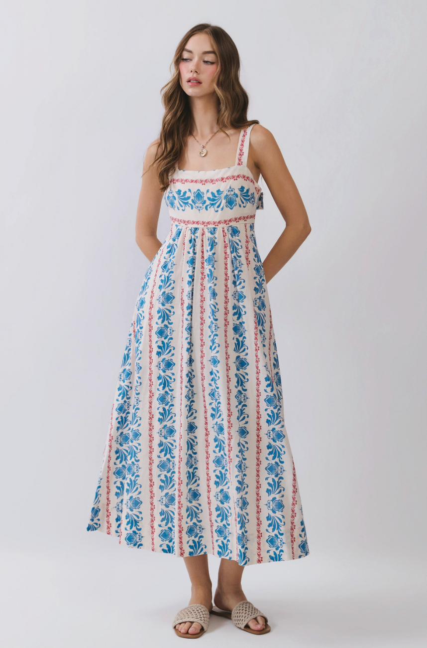 Cierra Floral Stripe Print Square Neck Midi Dress