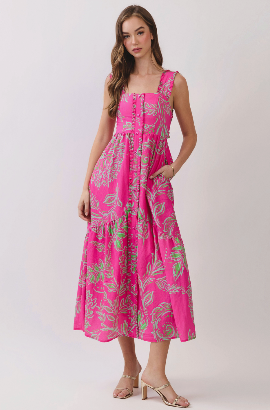 Tropical Print Open Back Self Tie Midi Dress