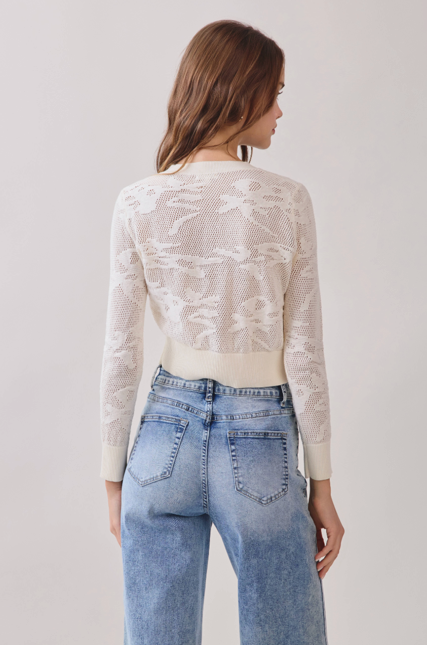 Ivory Openwork Cropped Knit Button Down Cardigan
