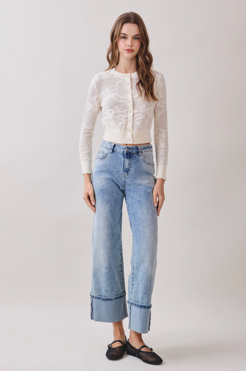 Ivory Openwork Cropped Knit Button Down Cardigan
