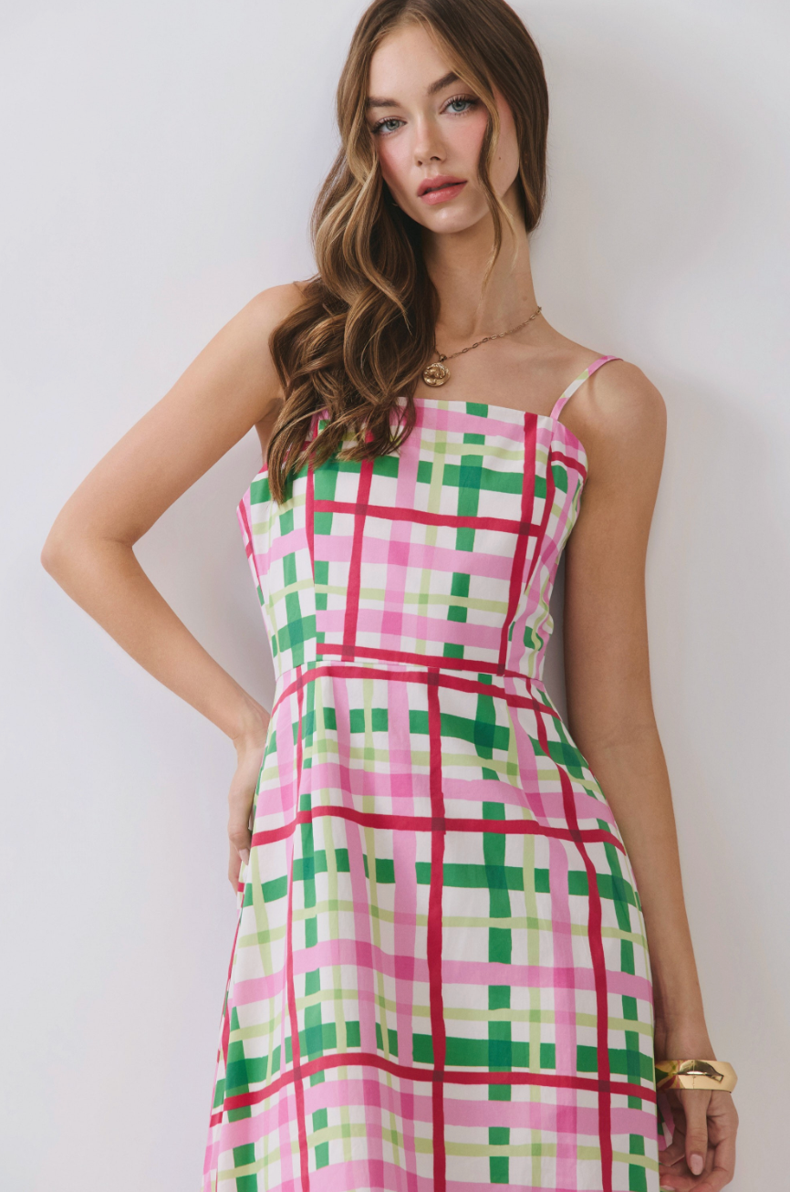 Palm Beach Plaid Fringe Hem Dress