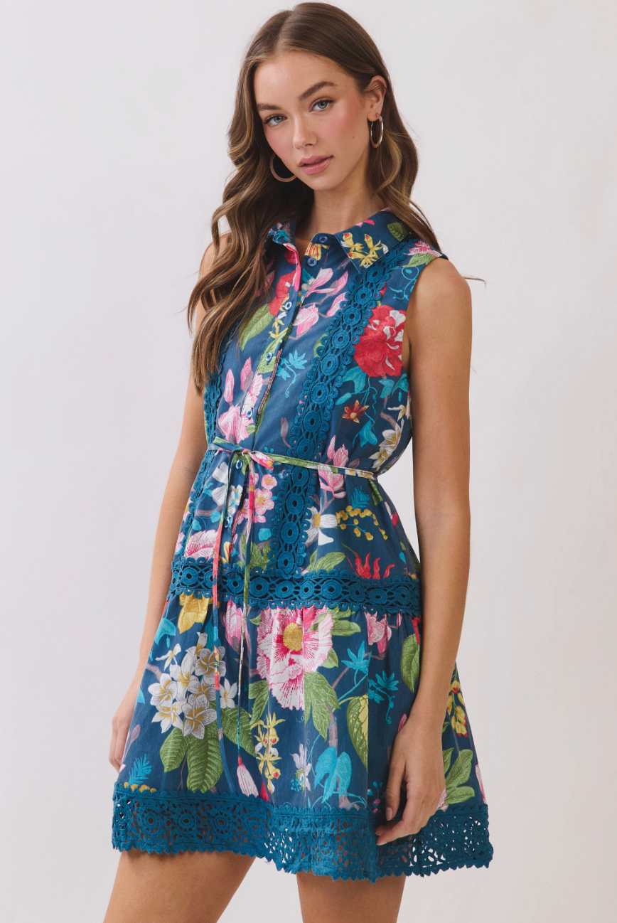 Botanical Tide Crochet Trim Mini Dress