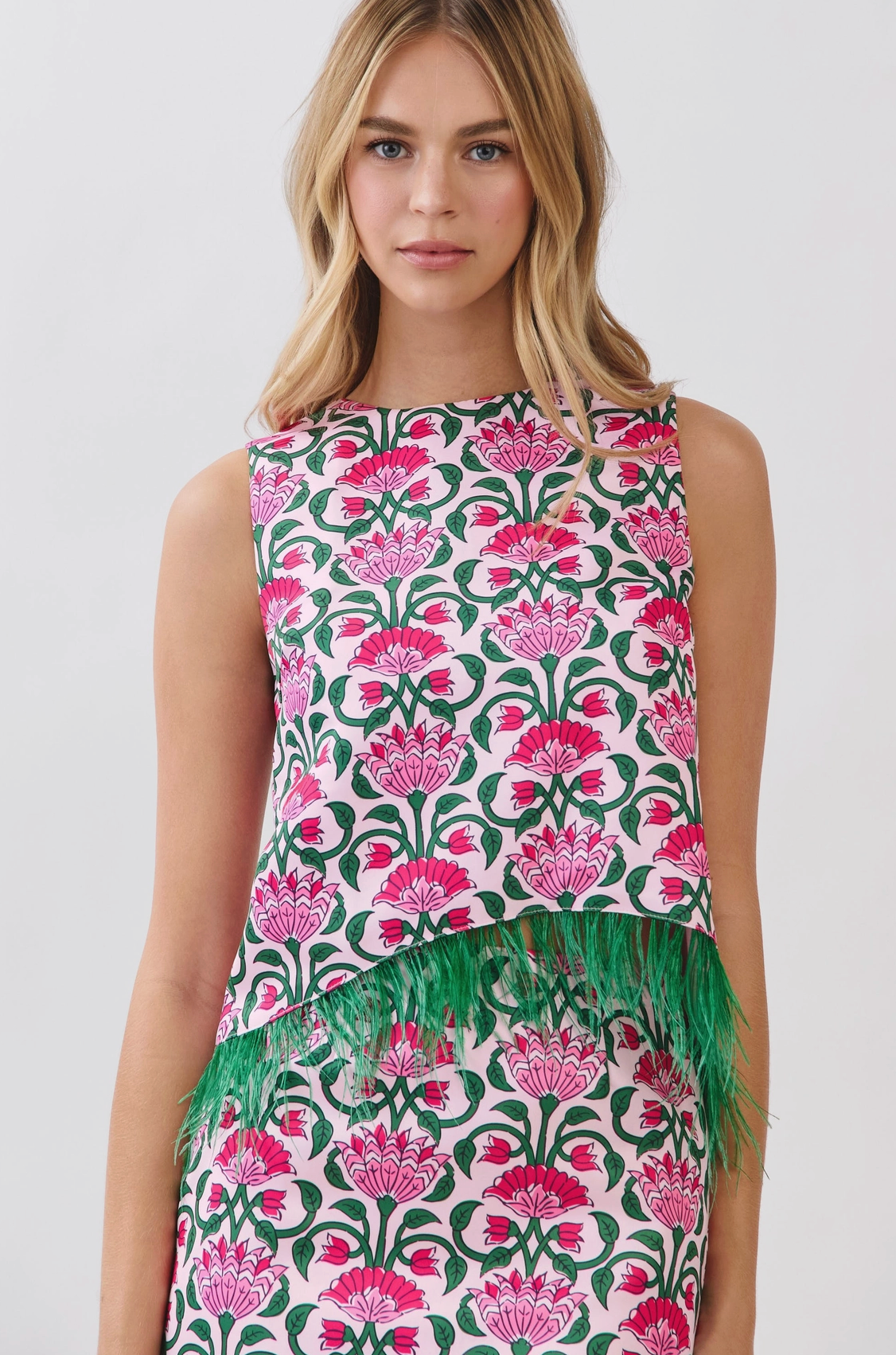 Pink Cabana Feather Trim Skirt & Tank Set