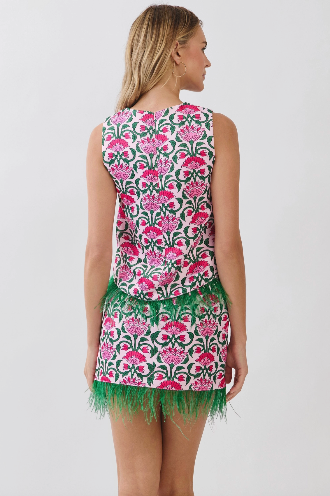 Pink Cabana Feather Trim Skirt & Tank Set