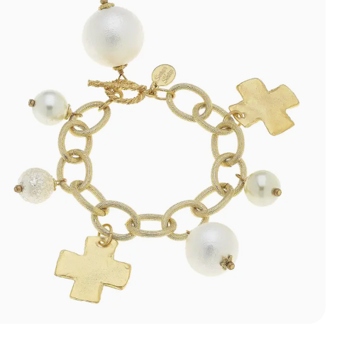 Gold Cross and Cotton Pearl Charm Bracelet