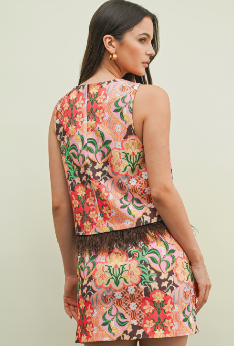 Poppy Paisley Feather Trim Top