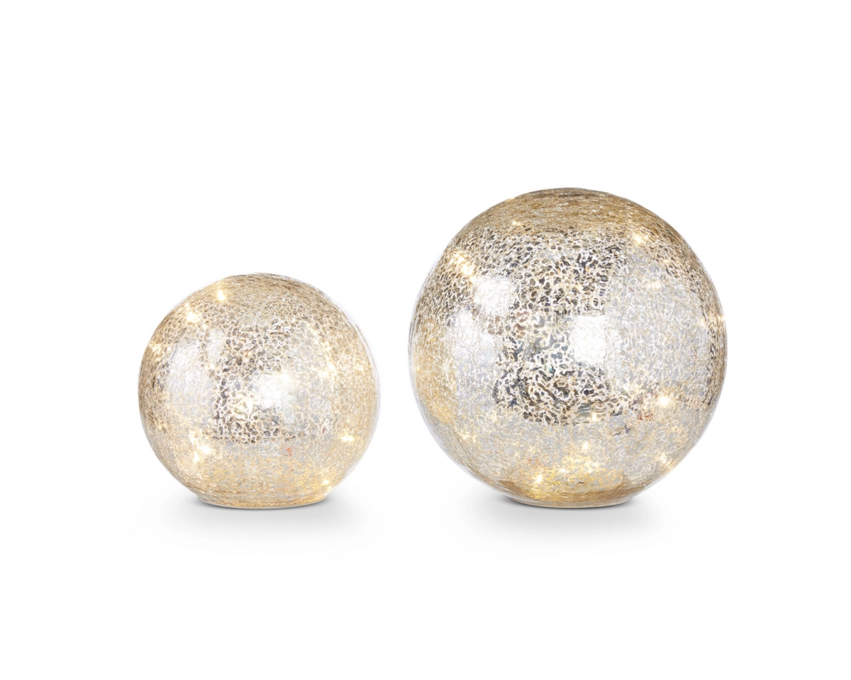 8" Mercury Glass Lighted Balls - Set of 2