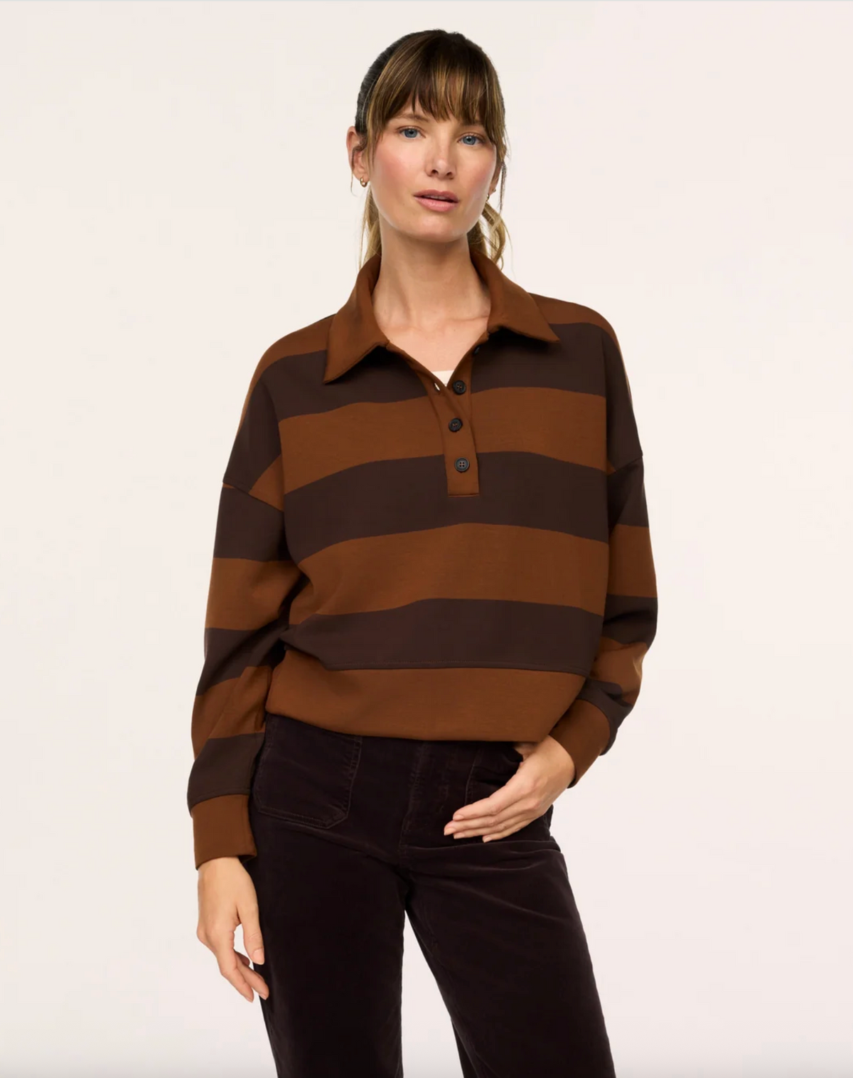 SPANX AirEssentials Rugby Collared Pullover - Block Stripe SM Brown