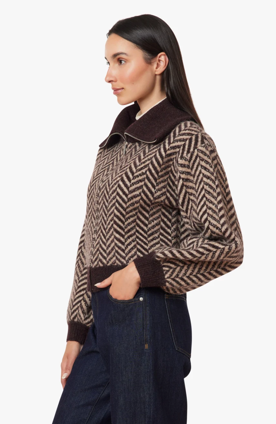 Herringbone Zip Front Cardigan - Chocolate
