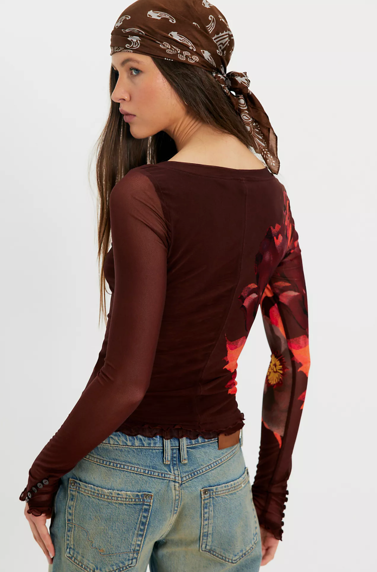 Free People Lilly Printed Boat Neck Long Sleeve - Cocoa Combo