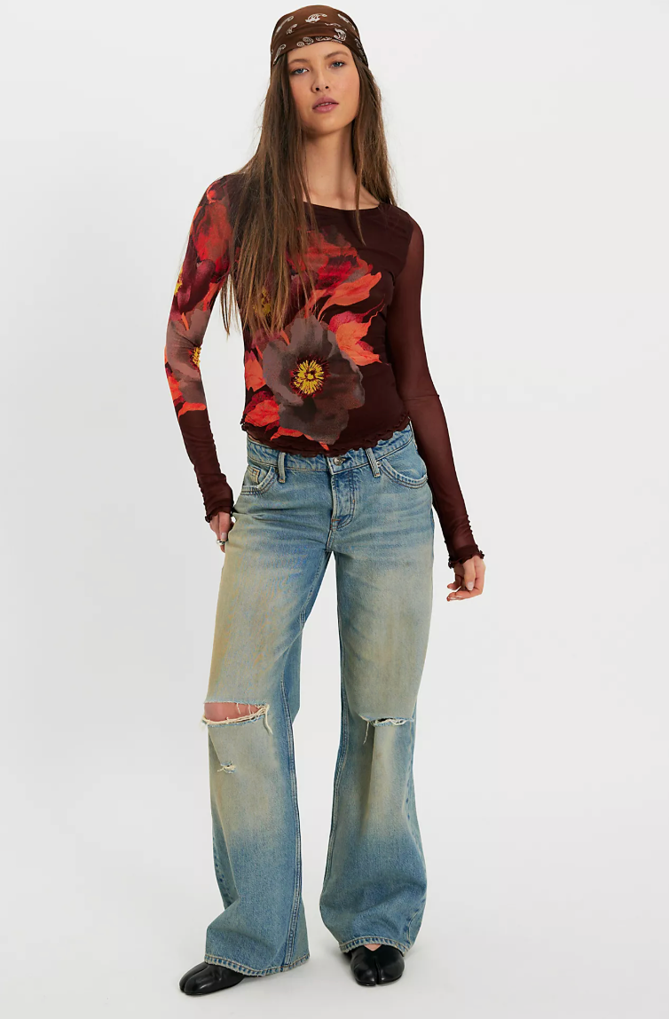 Free People Lilly Printed Boat Neck Long Sleeve - Cocoa Combo