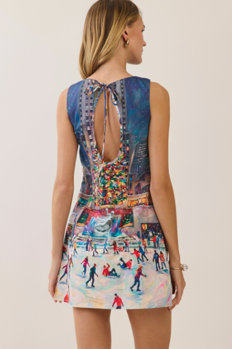 Holiday Ice Skating Print Mini Dress