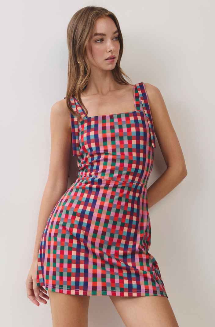 Multi Check Strap Detail Mini Dress