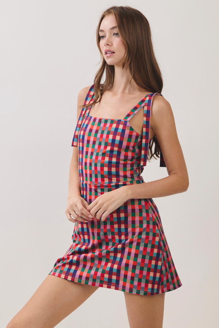 Multi Check Strap Detail Mini Dress